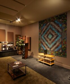 Listening room with large speakers, acoustic panels, and a colorful tapestry on the wall.