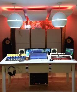 Tuned membrane bass traps and cloud panels by GIK Acoustics in Da Goose Music Studio front shot red lighting