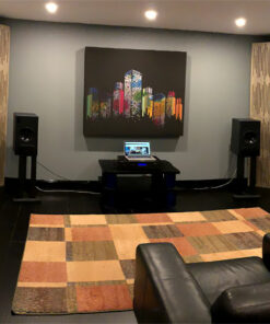 GIK Acoustics Demo Room art panels panoramic of listening room with corner bass traps