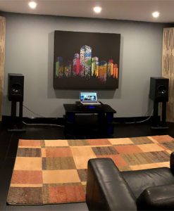 GIK Acoustics Demo Room art panels panoramic of listening room with corner bass traps