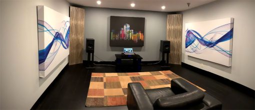 GIK Acoustics Demo Room art panels panoramic of listening room with corner bass traps