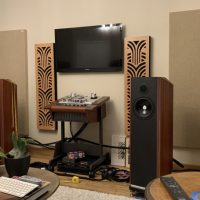 Straight on shot of Acoustic Panels in hifi room dave denyer