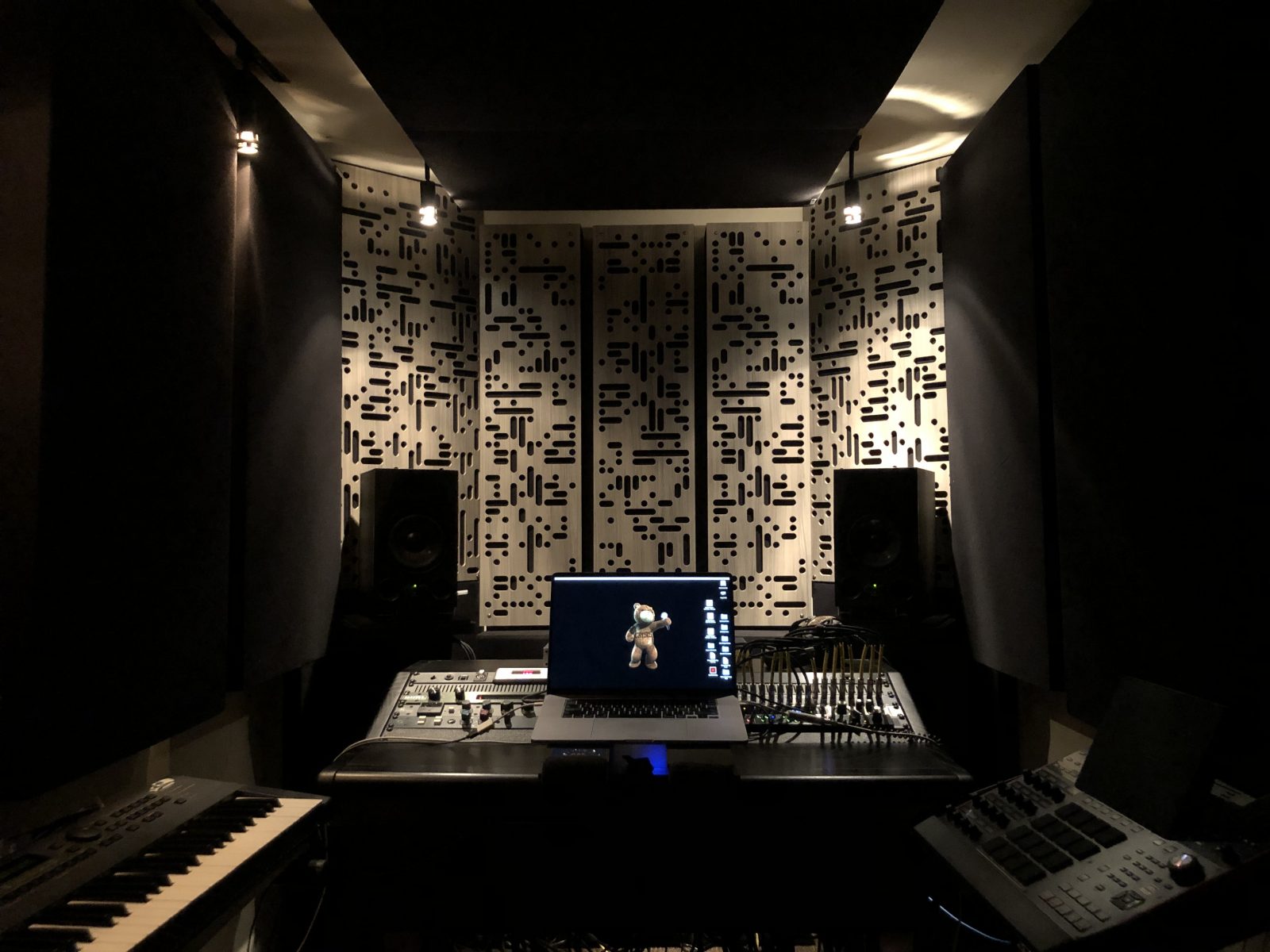 moody music studio with binary diffusers, bass traps and acoustic panels